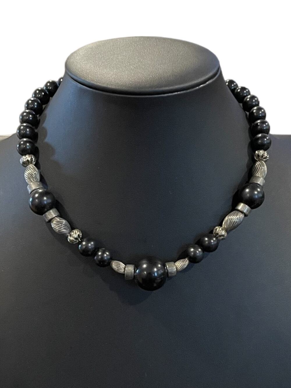 Vintage silver tone metal And black beads strung on chain - high end